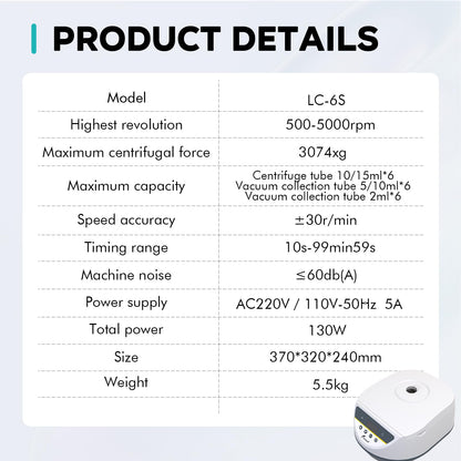 LAB FISH PRP Lab Benchtop Centrifuge Machine 6 x 2ml/5ml/10ml/15ml Capacity Test Tubes,Low Speed 500-5000r/min,Max 3074xg RCF