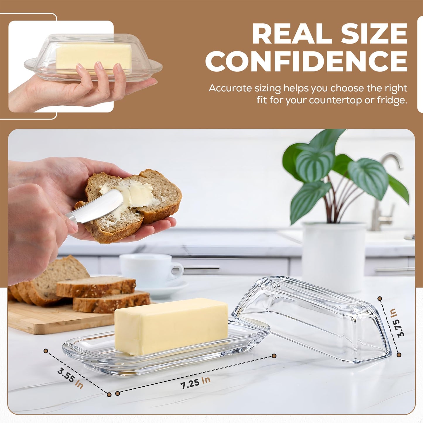 Kangaroo Decorative Clear Glass Butter Dish with Lid for Countertop & Refrigerator - Crystal Covered Butter Tray Storage Container Holder for Counter & Fridge - Best Thanksgiving Butter Dish with Lid