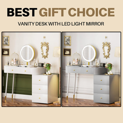 WinZo 36" Vanity Desk with Mirror and 3 Light Modes, Dressing Table Set with 5 Sliding Drawers, Makeup Desk with Charging Station, Modern Vanity for Small Spaces & Bedroom, White