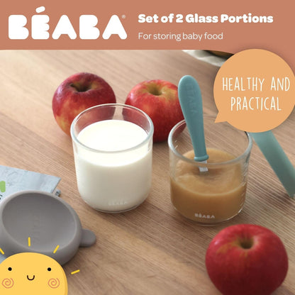 BEABA 6 Pack Glass Baby Food Jars with Soft Silicone Air Tight Lids, 5 oz Glass Storage Containers with Lids, Microwave and Freezer Safe Containers, Sunrise