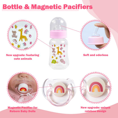 SCOM Reborn Baby Doll Accessories Set - Rainbow Silicone Pacifier Clips & Magnetic Pacifiers & Removable Reusable Baby Doll Bottles for Reallife Realistic Reborn Dolls Girls, Pink Style, 3 Pcs