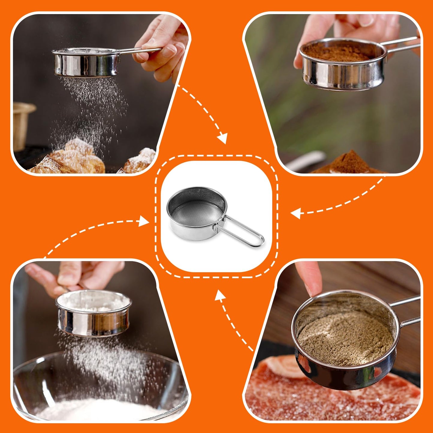 Emime 3 in1 Stainless Steel Flour Sifter for Baking 3 Cup Sifter for baking, Flour Sifter for Baking Cakes, Pastries, Pies, Cupcakes and Desserts, Powdered Sugar Shaker Duster, With Hand Press Design