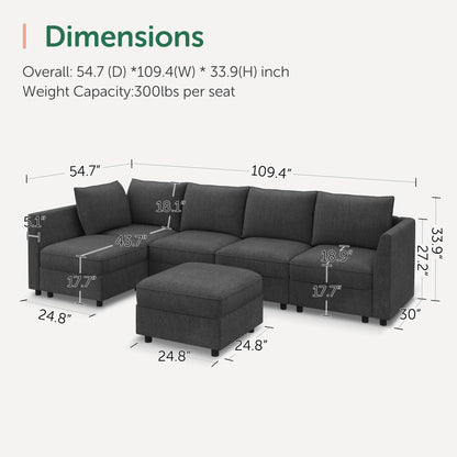 HONBAY Modular Sectional Couch L Shaped Sectional Sofa with Storage, Convertible Couches for Living Room - Snowflake Velvet Grey
