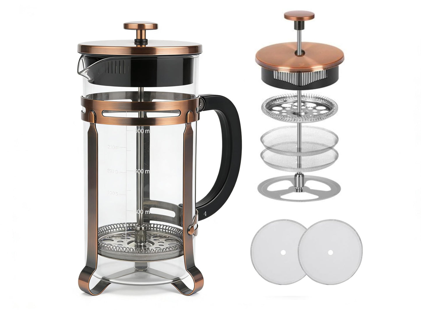 PSAVGLA French Press Coffee Maker 21 oz, 304 Stainless Steel Double Mesh Filter, Borosilicate Glass, Heat-Resistant, BPA-Free, Ideal for Home, Office & Gift (copper, 21oz)