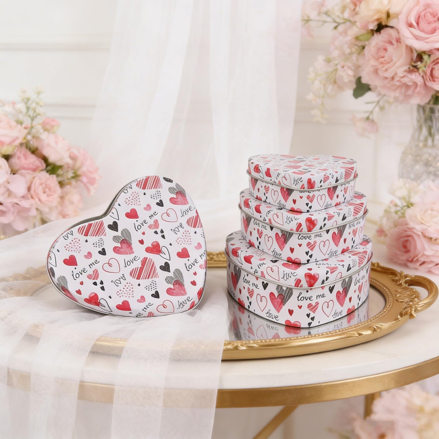 PHILPETY Decorative Heart Storage Box Rural Tin Gift Box Tinplate Candy Cookie Jars Square Storage Containers with Lids for Chocolate Candy Tea Coffee Cosmetics Jewelry Photos Gift Case 4Pcs