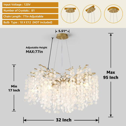VBKK 32 Inch Gold Crystal Chandelier, 10-Light Coastal Chandeliers for Dining Room, Large Modern Tree Branch Light Fixtures, Seashell Chandelier for Entryway Foyer Bathroom Living Room, E12