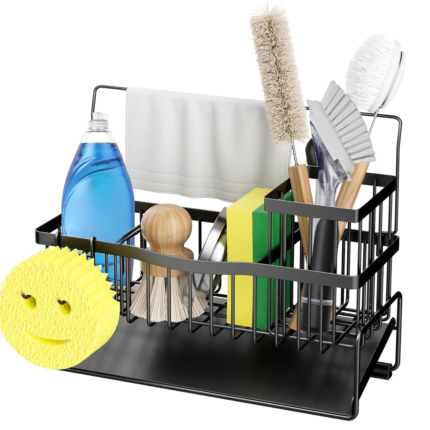 Adurei Sponge Holder for Kitchen Sink 304 Stainless Steel Self-Draining Sink Caddy with Smiley Face Sponge and Brush Holder Towel Bar and Divider Kitchen Gadgets Organizer for Countertop, Black