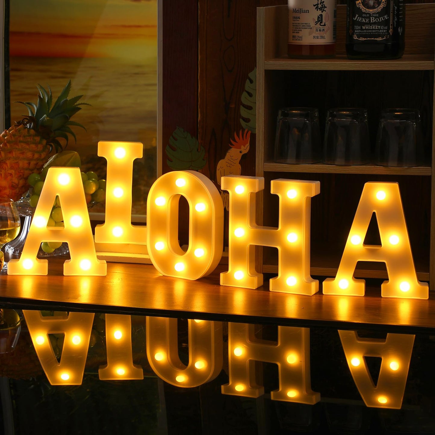 Aurelema 5 Pcs Summer Hawaiian Luau Aloha Party Decorations Aloha Light up Sign LED Marquee Letter for Party Decorations Battery Powered Tropical Alphabet Summer LED Lights for Wedding Night Birthday