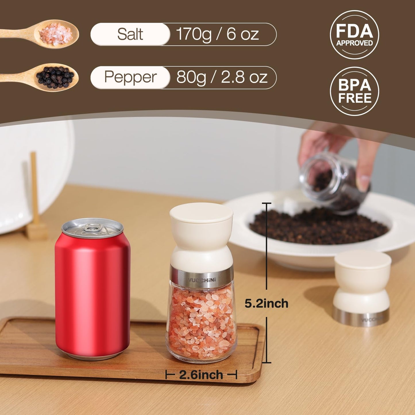 Vucchini Salt and Pepper Grinder Set with Adjustable Coarseness Ceramic Pepper Mill Manual Effortless Salt Grinder Spice Grinder for Home, Kitchen, Beige