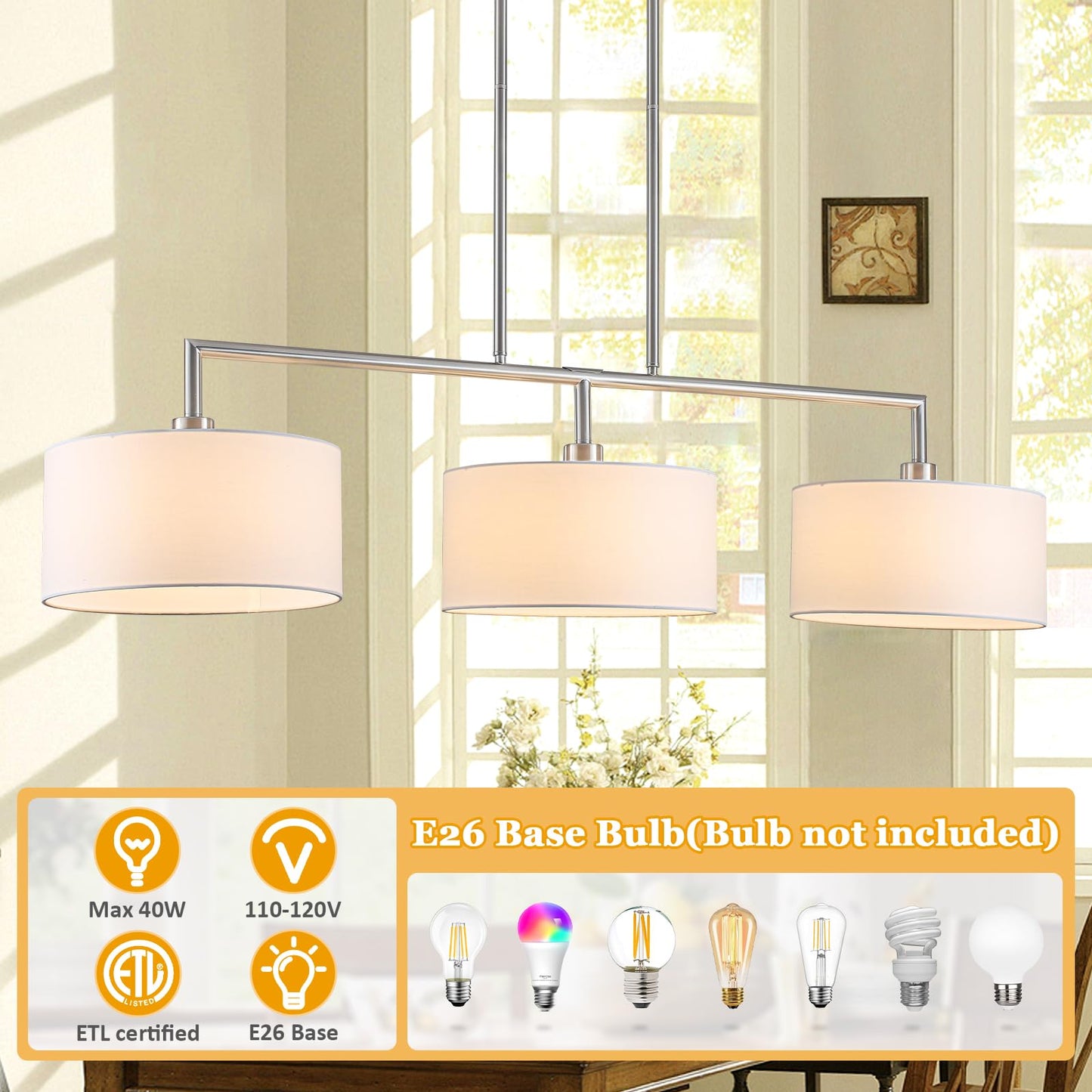 47" Linear Kitchen Island Lighting 3-Light Brushed Nickel Chandelier with White Fabric Drum Shade Adjustable Hanging Pendant Light for Dining Room Light Fixtures Over Table,Kitchen,Bar,Living Room,E26