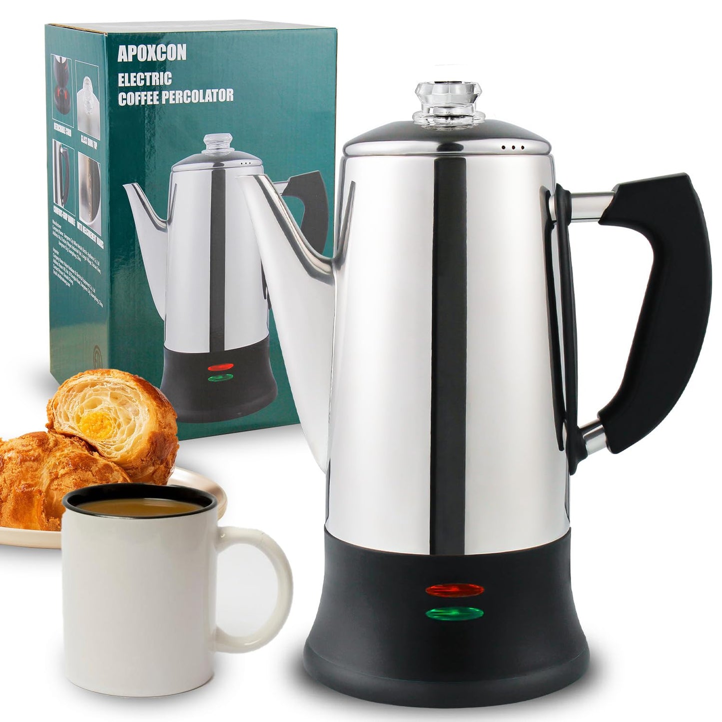 APOXCON Electric Coffee Percolator Stainless Steel Coffee Maker with Two Heat Resistant Tough Glass Clear Brew Progress Knob Classic Look Keep Warm & Cordless Serving Coffee Pot 12 Cup