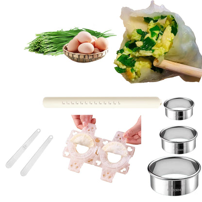 Dumpling making set of 8 pieces, including silicone rolling pin, dough maker, filling spoon, and 5-speed adjustable dumpling making mold, used for making dumpling pies and various noodle dishes