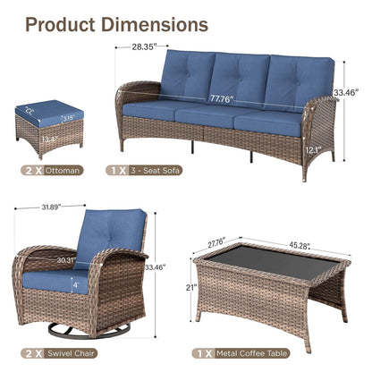 PHI VILLA Patio Furniture Set, 6 Pieces Wicker Outdoor Conversation Set with 2 High Back Patio Swivel Chairs, 3-Seat Rattan Patio Sofa Couch, 2 Muti-Functional Ottomans (Navy Blue Cushions)