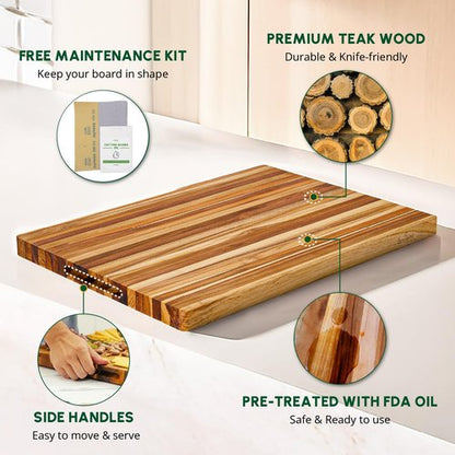 BEEFURNI Teak Wood Cutting Board with Hand Grip (M, 20x15x1.25"), Large Wooden Cutting Boards for Kitchen, Chopping Board Wood, Butcher Block, Charcuterie Board, Christmas Gifts, 1-Year Warranty