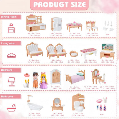 Princess Dollhouse Furniture Set, 48 Piece Luxury Miniature Accessories Collection with Living Room, Bathroom, Bedroom，Kitchen, TV Entertainment Set (Beige)