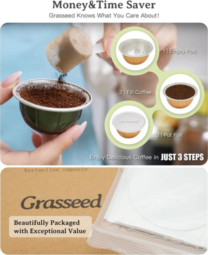 Grasseed Aluminum Foils Lids to Reuse Coffee Pods, Compatible with Nespresso VertuoLine Capsules, 120 Pcs