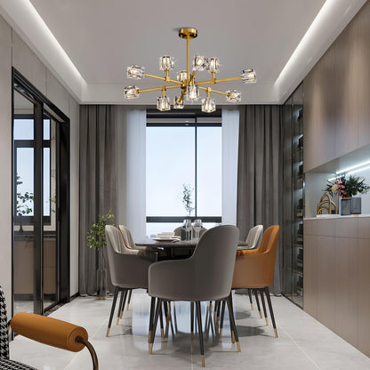 OKES Crystal Chandeliers for Dining Room Light Fixtures,Gold Sputnik Chandelier with 12-Lights,Modern Adjustable Height Semi Flush Mount Ceiling Light Fixture for Kitchen Island Bedroom Entryway