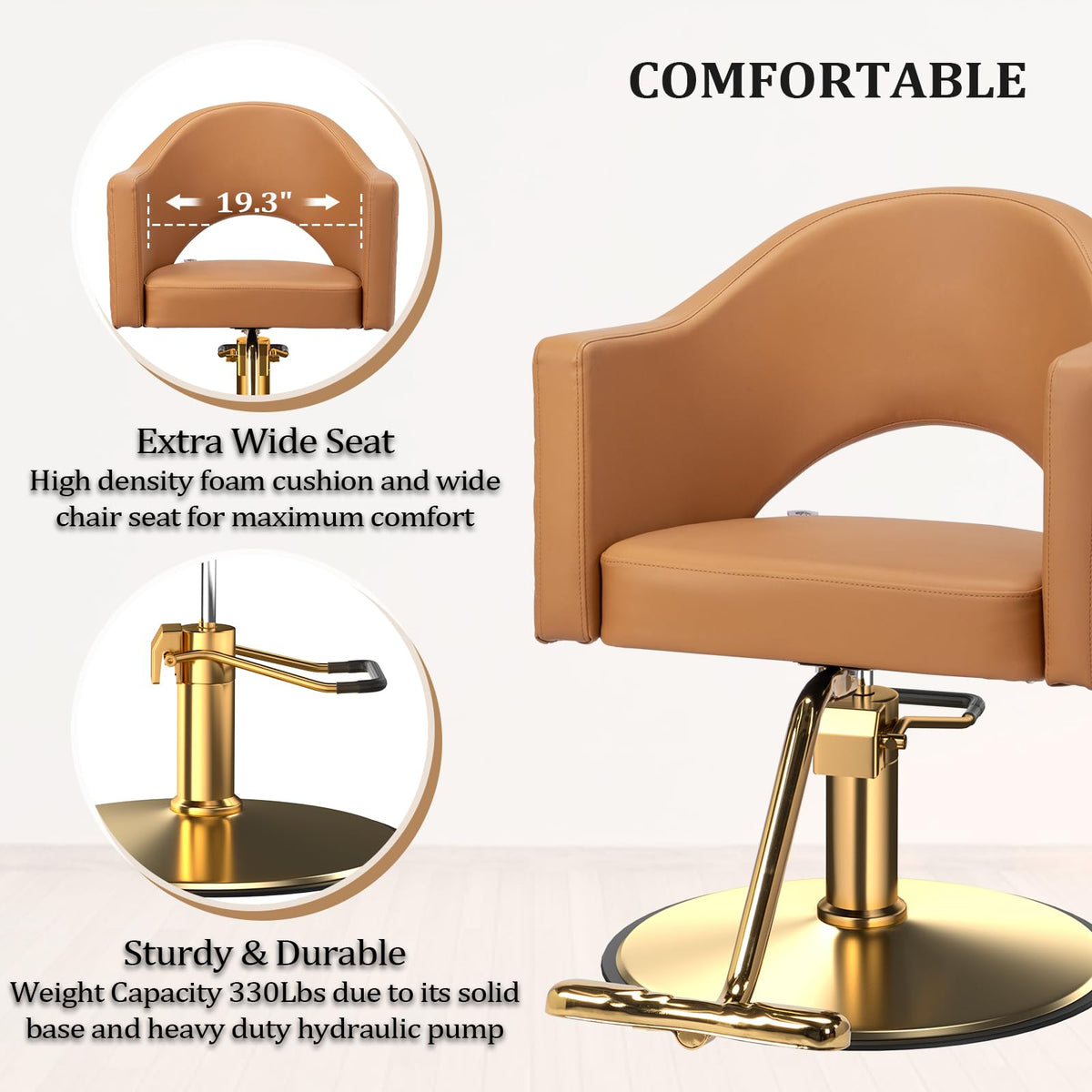 OmySalon Barber Chairs for Barbershop Gold Brown Styling Chair, Salon Chair for Hair Stylist, Heavy Duty Hydraulic Pump, 360°Swivel with Footrest, Hairdressing Home Beauty Spa Equipment