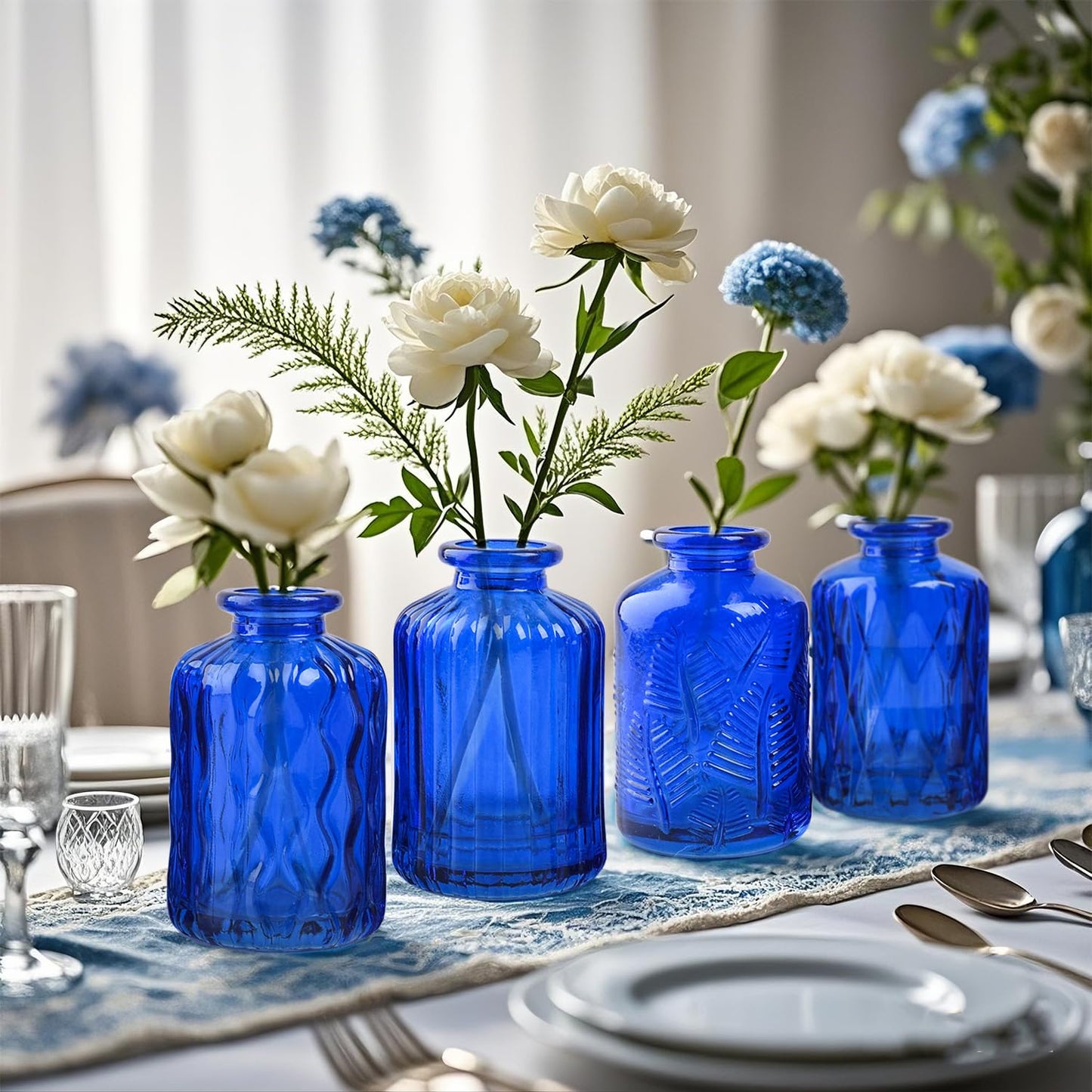 ELEGANTTIME Cobalt Blue Glass Bud Vase Small Flower Vase Mini Bottle with Cork Wire Handle Design for Deco Cafes, Office Table, Home and Garden(Set 5)