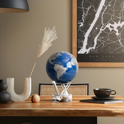 MOVA Globe - Royal Blue and Silver Classic (4.5") | Solar-Powered Spinning Decor for Desk | Self-Rotating Modern Earth Globe | No Batteries Required