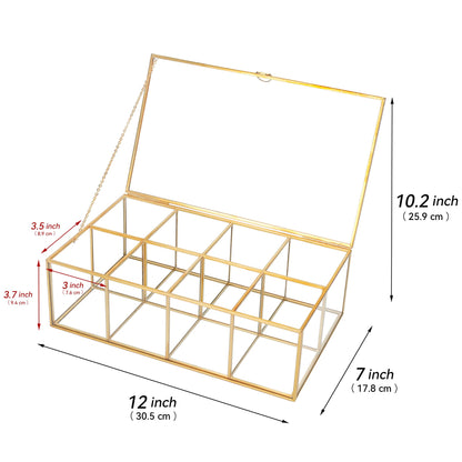 REDHUGO Glass Tea Bag Organizer with 8 Compartments, Handmade Large Tea Bag Storage Box for Counter Kitchen, Tea Bag Holder,Tea Storage Containers with Lid,Tea Accessories Gifts for Tea Drinkers,Gold
