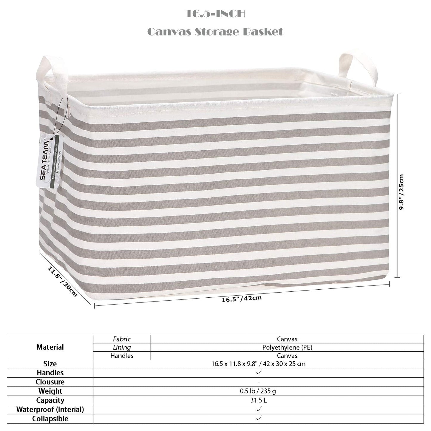 Sea Team Collapsible Canvas Fabric Storage Basket, Rectangle Waterproof Bin with Handles, 16.5 x 11.8 x 9.8 Inches