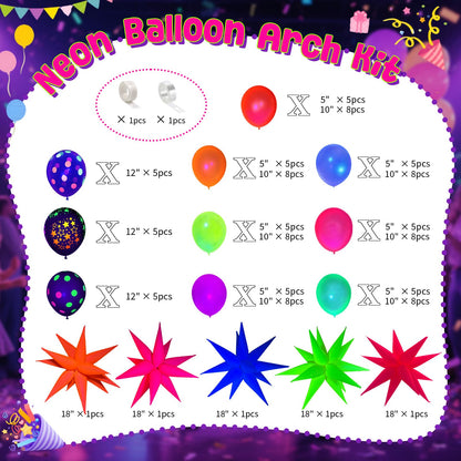 GYIPFIPA UV Neon Balloons, Glow in the Dark Party Supplies Neon Foil Explosion Star Balloon Kit Cone Balloons Glow in the Dark Birthday Decorations for Blacklight Party Decoration