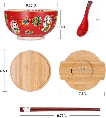 Happy Sales HSKM-RDCAT6, Japanese Kamameshi Vintage Style Rice Noodle Ramen Bowl with Bamboo Lid Trivet Chopsticks and Porcelain Spoon Bowl Set, Red Lucky Cat
