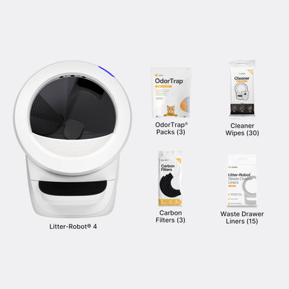 Whisker Litter-Robot 4 Supply Bundle, White - Automatic, Self-Cleaning Cat Litter Box, WiFi Enabled, Includes Litter-Robot 4, 3 OdorTrap Refills, 10 Liners, 30 Cleaner Wipes, & 2 Carbon Filters
