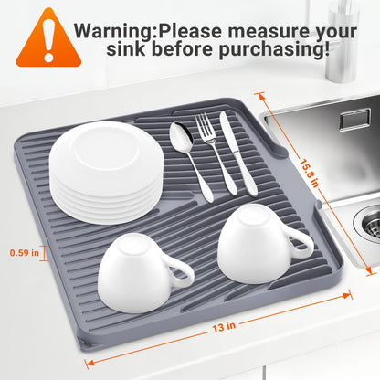 Silicone Dish Drying Mat for Kitchen Counter, Dish Drying Pad, Non-Slip Drain Pad with Built-in Drain, Heat Resistant Stone Drying Mat