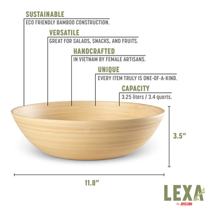 LEXA 12" Handmade Bamboo Salad Bowl – 130 oz Large Wooden Fruit Bowl for Kitchen Counter, Natural Bamboo