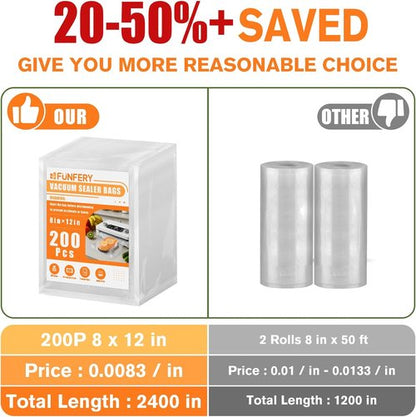 FUNFERY Vacuum Sealer Bags - Precut 200 Quart, 8" x 12" | BPA-Free for Long-Term Food Storage & Sous Vide