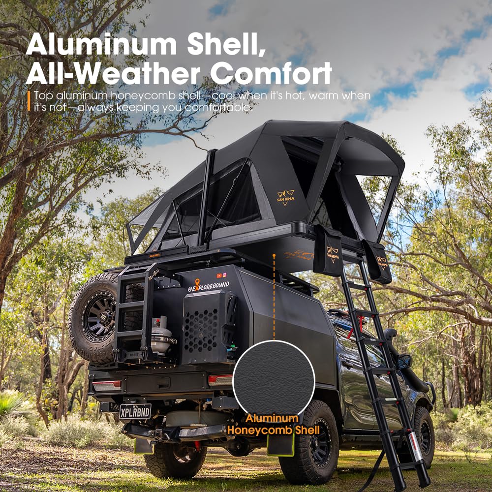 SanHima Rooftop Tent Hard Shell - CapeTop Overland Aluminium Fold-Out Roof Top Tent 131.5LBS Lightweight, w/Digital Panel & Tri-Color LED Strip Light, for Car SUV Truck Camping, 2-3 People