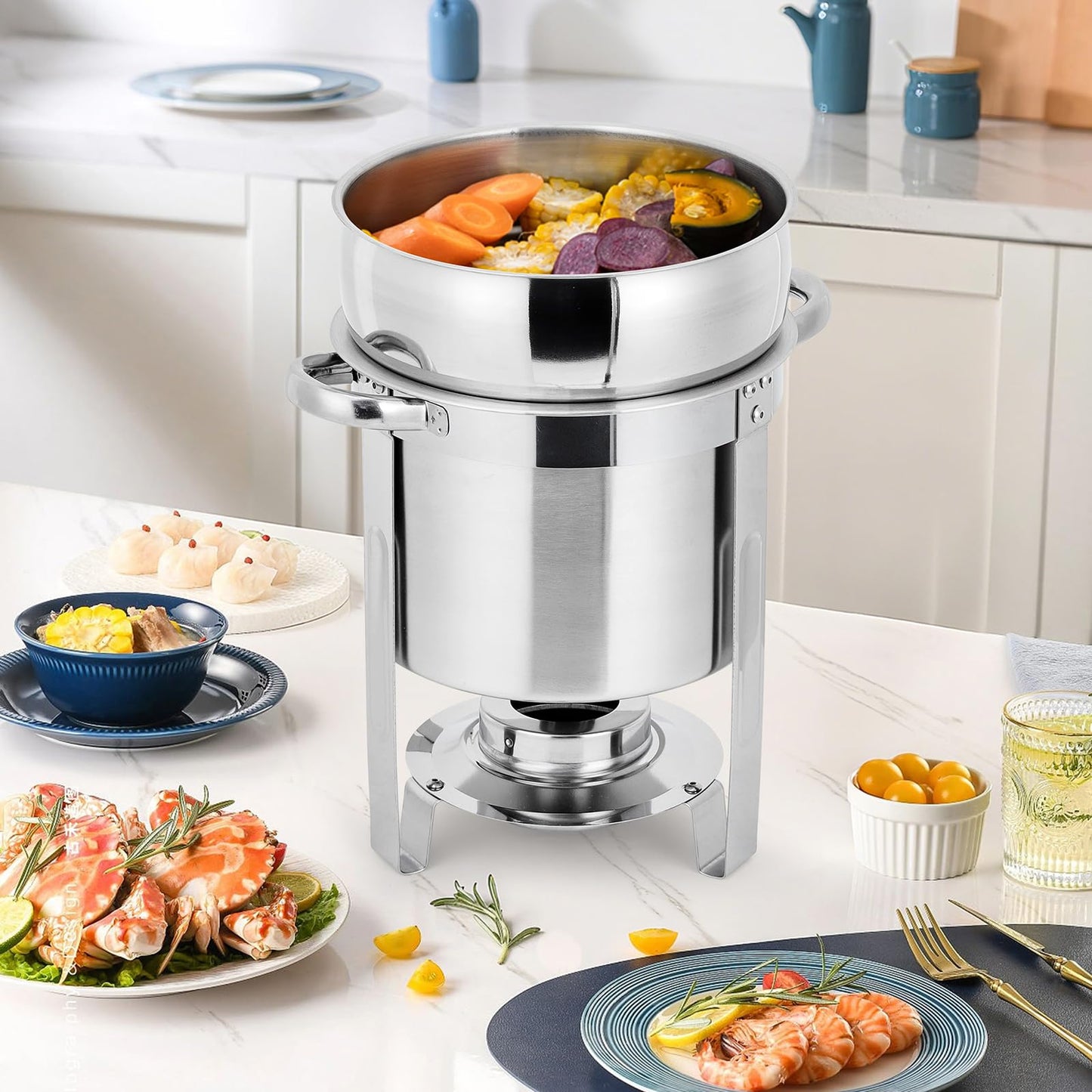 GarveeHome 11QT Soup Chafer Set of 2, Stainless Steel Round Soup Warmer with Pot, Notched Lids & Fuel Holders, Commercial Food Warmer for Buffets, Events and Party Service