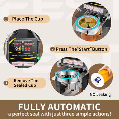 FEST Cup Sealing Machine, 90/95mm Caliber Cup Fully Automatic Sealer Machine with Digital Panel for Bubble Milk Tea Coffee Shop,Seals 550-650 Cups/H