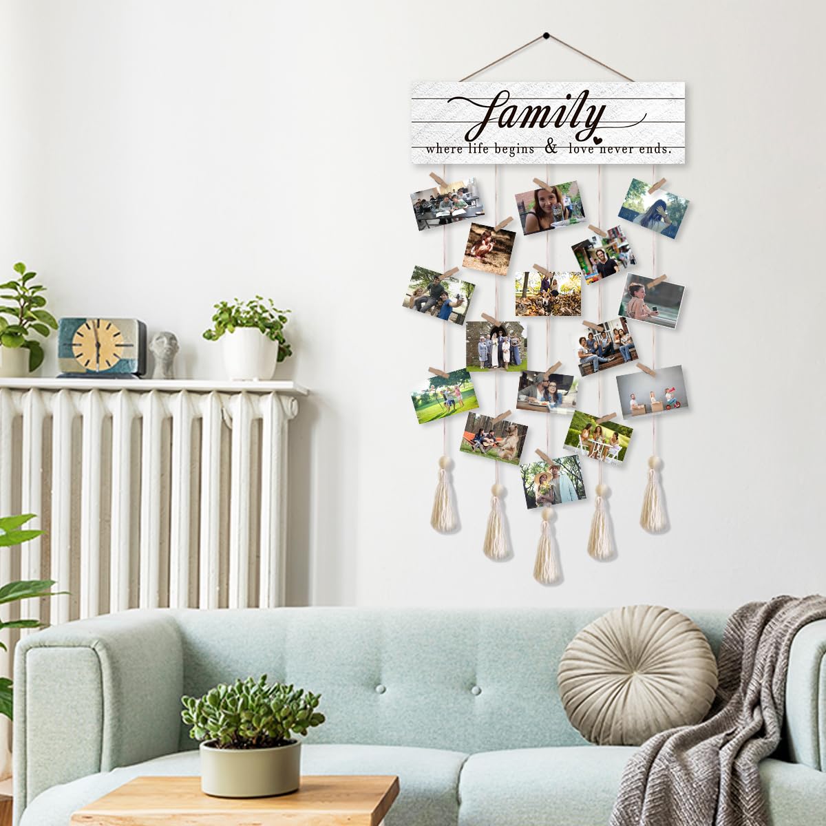 Gwisml Photo Wall Display,Collage Picture Frame,Clip Photo Holders for Wall,Wooden Hanging Photo Display with 16 Clips 5 Strings,Family Where Life Begins and Love Never Ends Sign Wall Decor