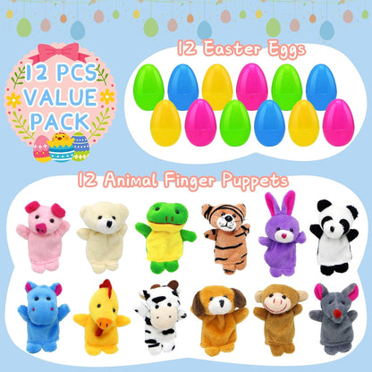 12PCS Filled Easter Eggs with Animal Finger Puppets Inside, Prefilled Easter Eggs for Easter Eggs Hunt, Easter Basket