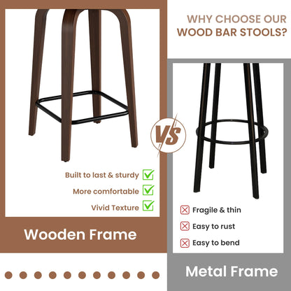 IDEALHOUSE Swivel Bar Stools Set of 4, 26" Upholstered Counter Height Bar Stools with Back and Walnut Wood Legs, Larger Cushion Size 18.3"*17.5", Faux Leather Barstools for Kitchen Counter, Brown