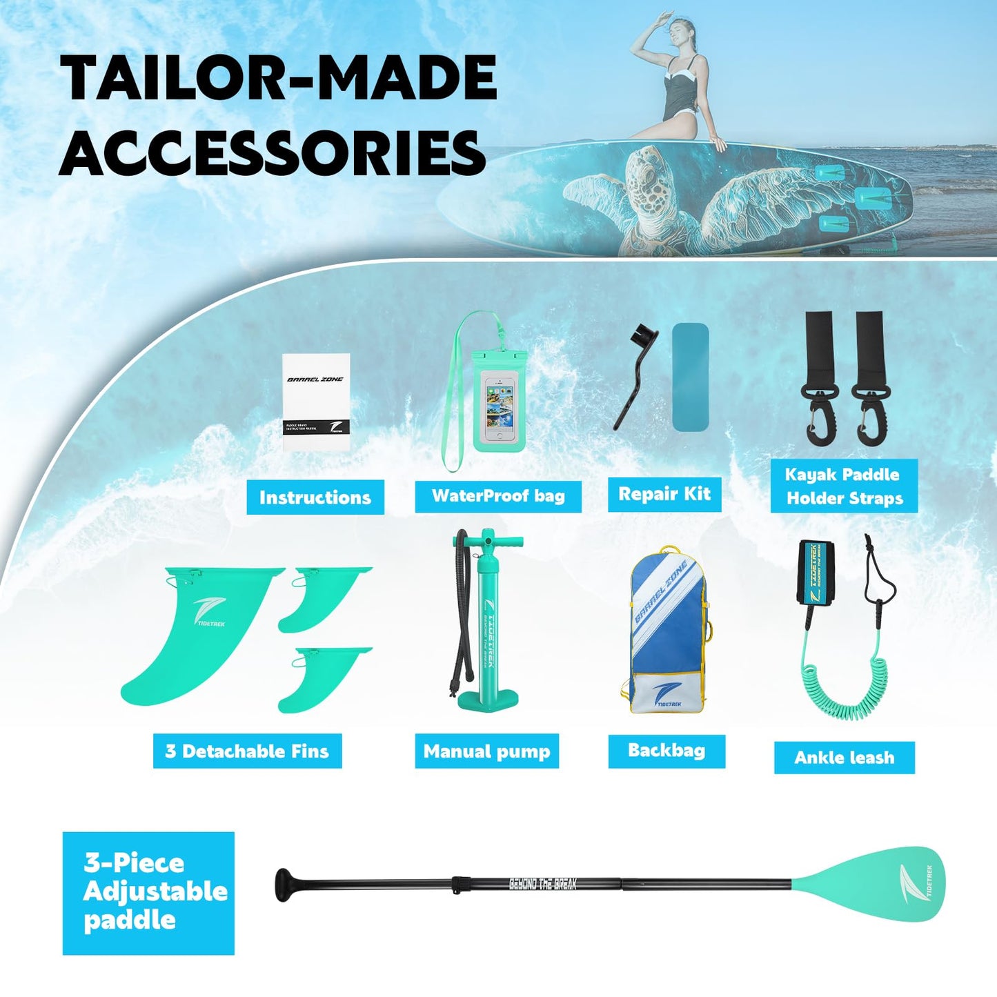 TIDETREK 11'/11'6" x 33"/34" x 6" Inflatable SUP Paddle Board – Extra-Wide, Stable Stand Up Paddle Board with Premium Full Accessory Set for Adults & Youth (Blue Turtle, 11'x33 x6)