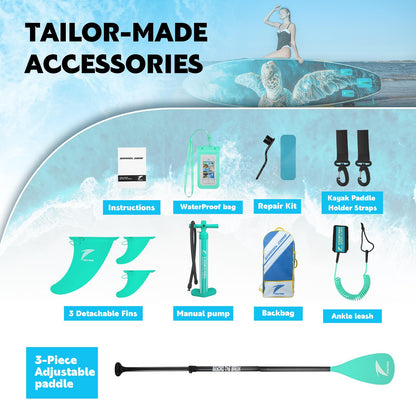 TIDETREK 11'/11'6" x 33"/34" x 6" Inflatable SUP Paddle Board – Extra-Wide, Stable Stand Up Paddle Board with Premium Full Accessory Set for Adults & Youth (Blue Turtle, 11'x33 x6)