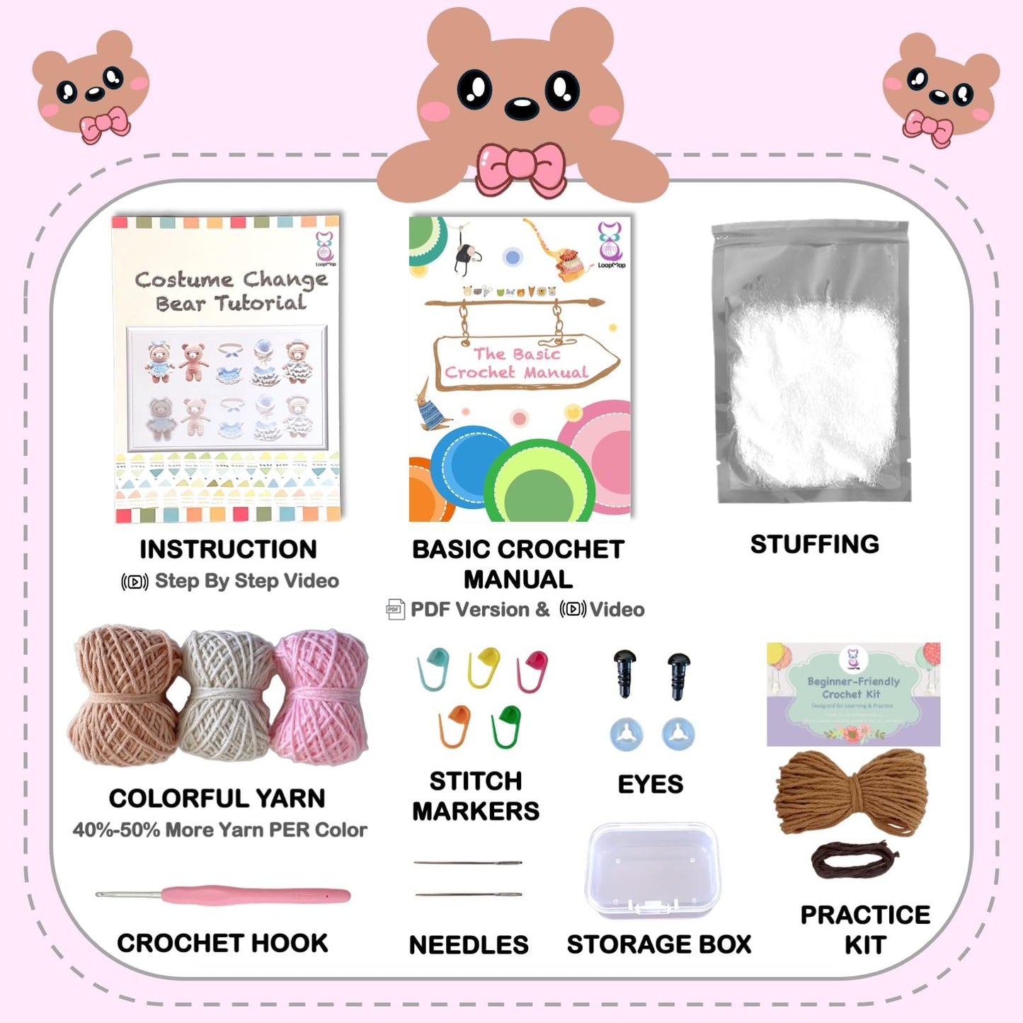 LoopMap Crochet Kit for Beginners – Amigurumi Crochet Animal Kit, Easy Starter Kit with Video Tutorial, Complete Crochet Kit with Extra Yarn, Gift for Adults & Teens (Bear, Pink)