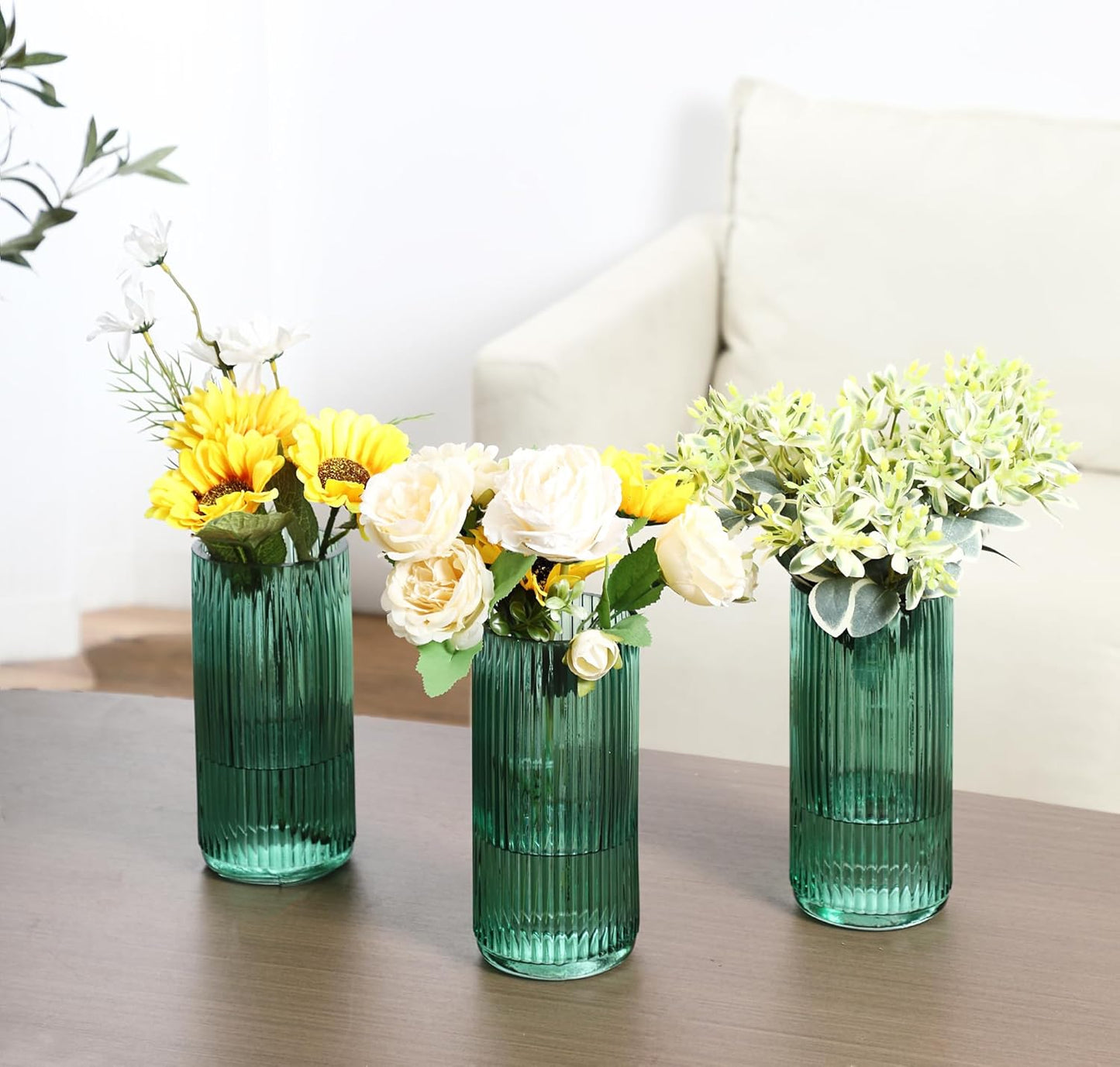 Set 3, 8 Inches Green Glass Vases, Flower Vases of Ribbed Glass Vase for Tulips, Tall Cylinder Glass Vases for Living