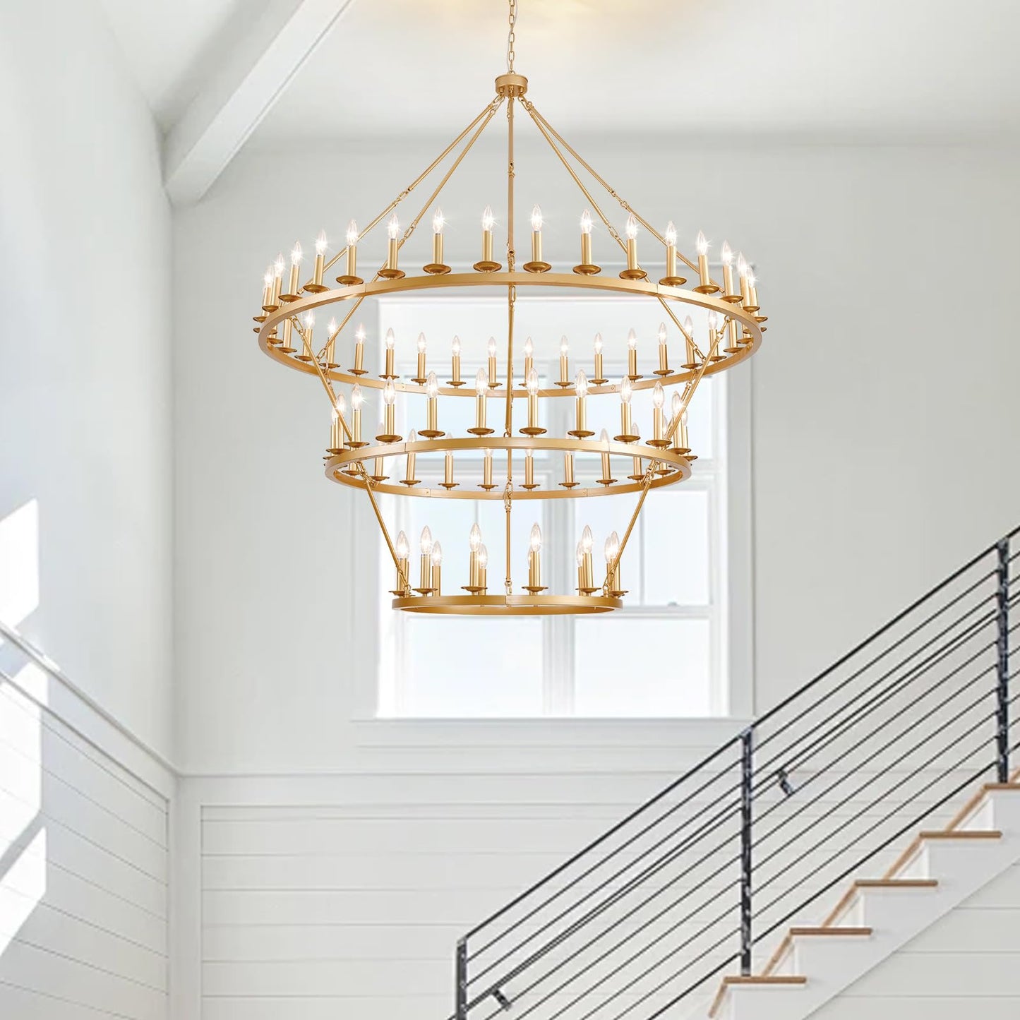 QJMPP 3 Tier Gold Wagon Wheel Chandelier,Extra Large 60-Inch 72-Light Circle Light Fixture,Round Chandeliers for Foyer Entryway Dining Room Living Room High Ceilings
