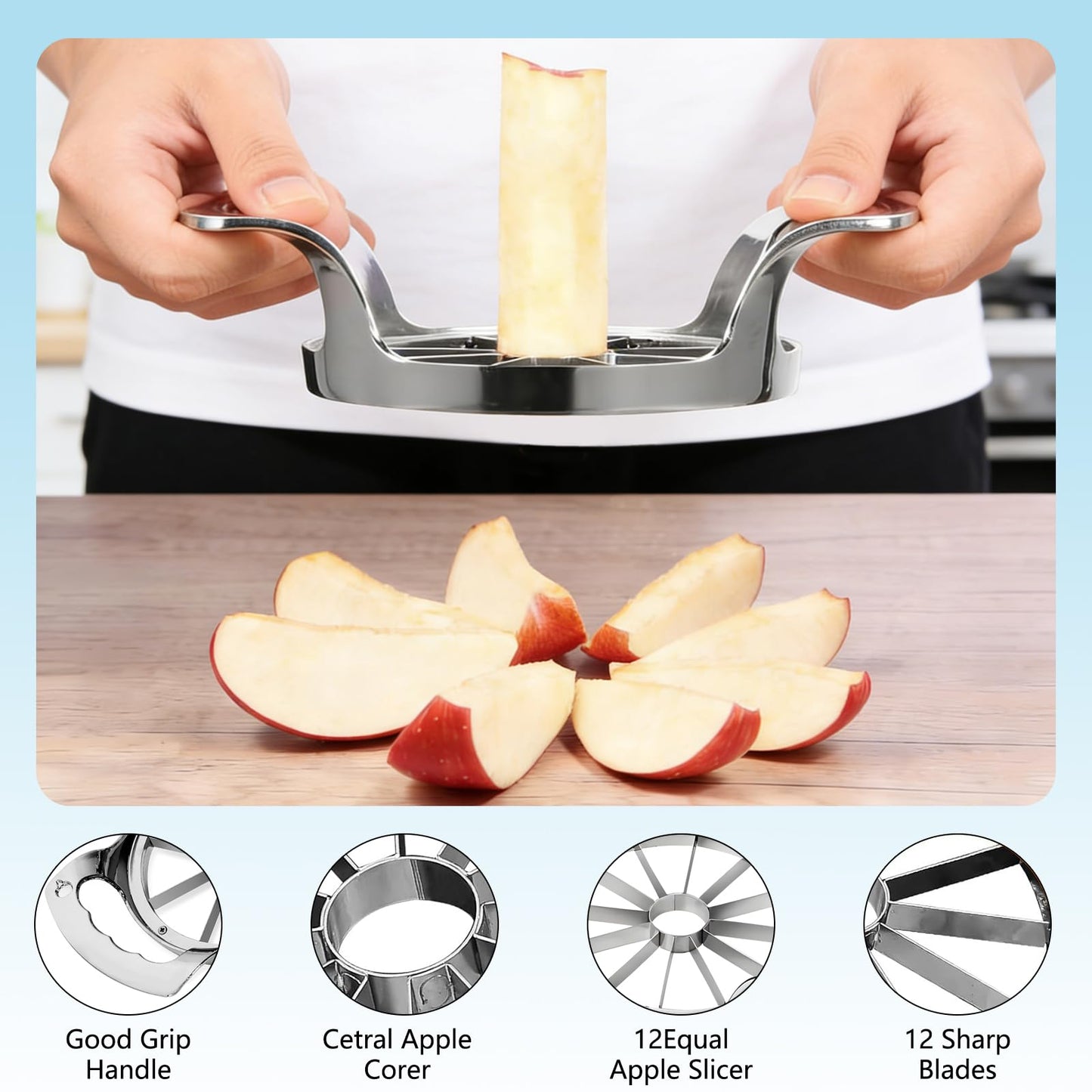 Apple Slicer,12 Blade Extra Large Apple Corer, Heavy Duty Stainless Steel Apple Cutter and Divider，Easy to Use, Time-Saving,Kitchen Tool (12 Blades)