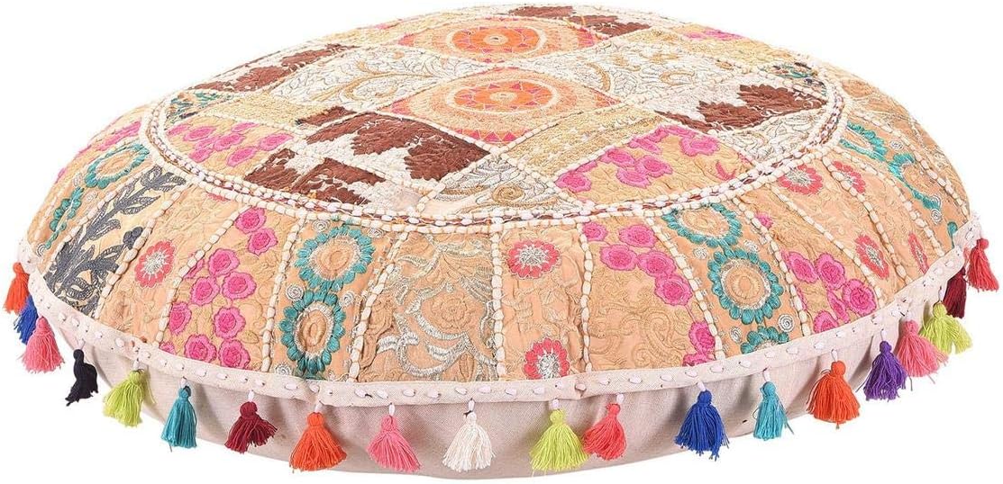 GANESHAM Vintage Indian Handmade Bohemian Patchwork Cotton Foot Stool, Round Floor Pillows & Cushion Cover (White, 32