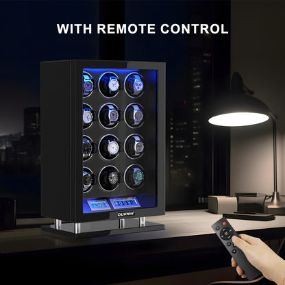 DUKWIN Watch Winder for 12 Automatic Watches, Fingerprint Lock Watch Winders with LCD Touchscreen, Blue LED Light, Remote Control,Adjustable Pillow and Quiet Motor for Universal Watches, 5TPD