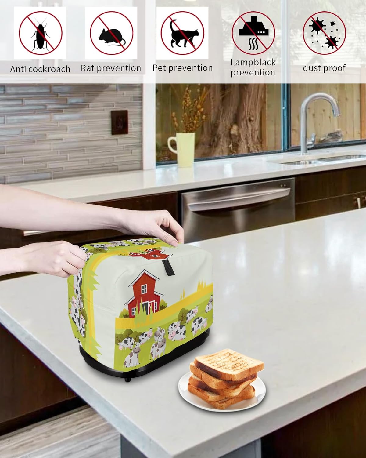 Toaster Cover, Farmhouse Cute Cow 2 Slice, Soft Washable Dust-proof Cover with Pockets for Small Appliance