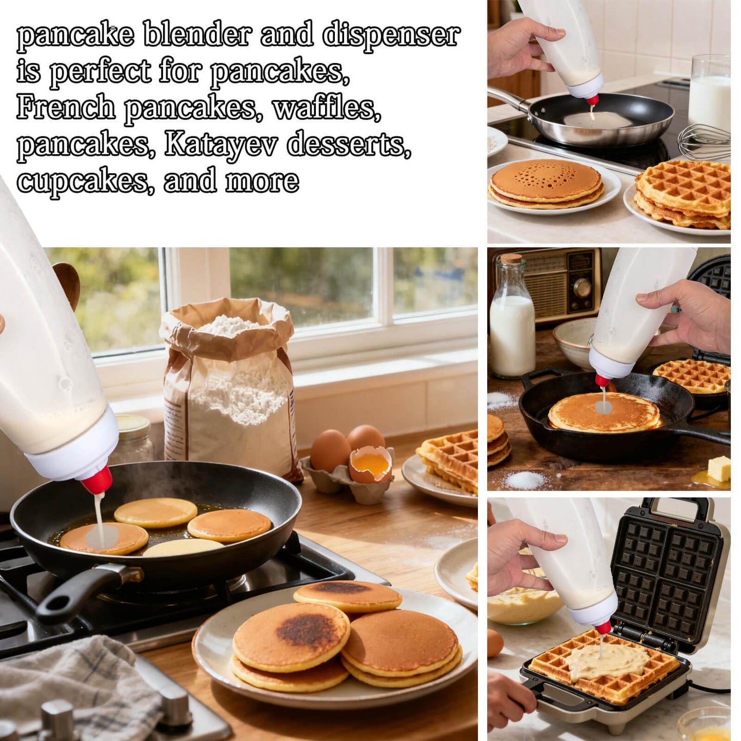 Pancake Batter Dispenser with Mixing Ball and Silicone Spatula Pancake Squeeze Bottle Mixer Batter Dispenser Bottle for Pajncakes, Crepes, Waffle, Muffins, Cupcakes, and more 2Pcs Hjpzrui