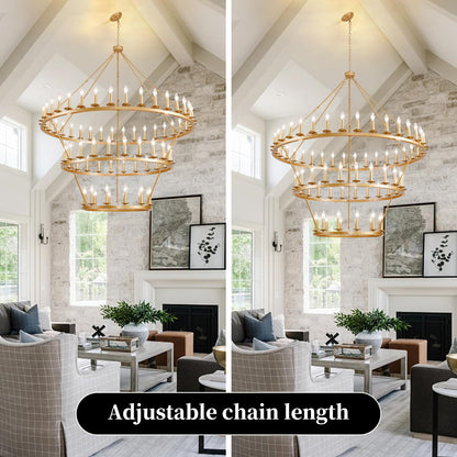 QJMPP 3 Tier Gold Wagon Wheel Chandelier,Extra Large 60-Inch 72-Light Circle Light Fixture,Round Chandeliers for Foyer Entryway Dining Room Living Room High Ceilings