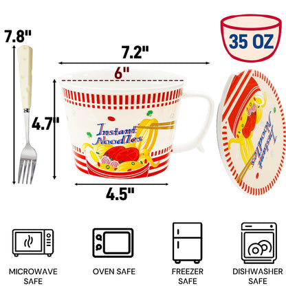 Pumtus Ceramic Ramen Bowl with Lid, 35 OZ Large Japanese Instant Noodle Cup with Fork & Handle, Cute Deep Soup Mug Set, Cereal Porridge Tableware for Home Office Dorm, Microwave & Dishwasher Safe